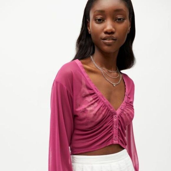 Urban Outfitters Women's UO Cara Mesh Ruched Blouse Purple - Picture 1 of 8